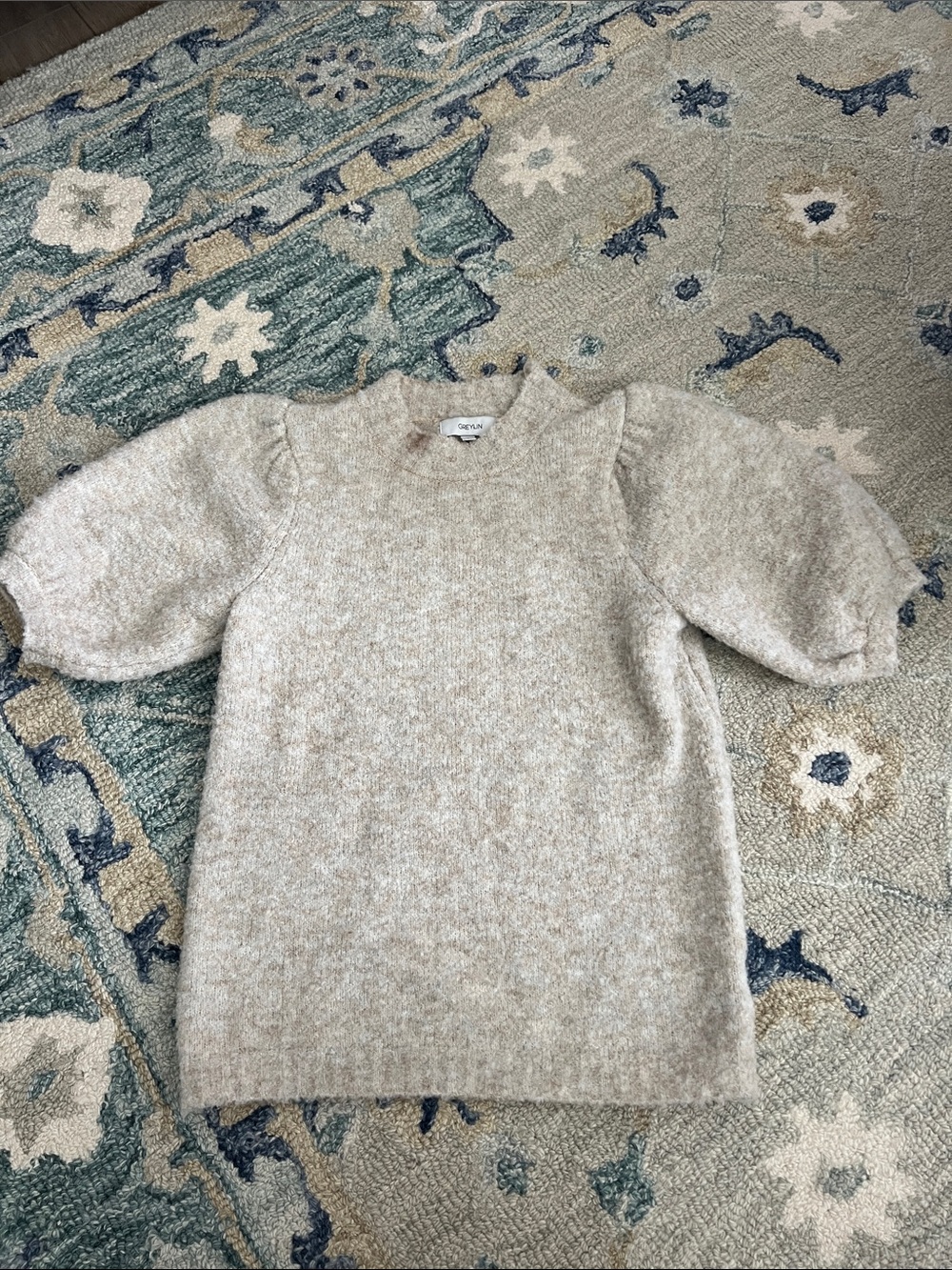 Greylin Heathered Cream Puff-Sleeve Crewneck Sweater